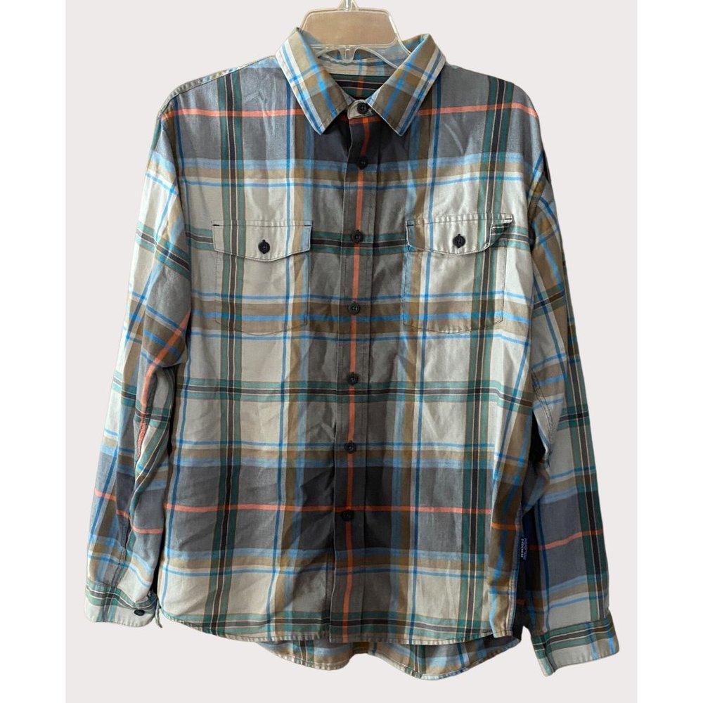 Patagonia Men's Medium Long Sleeve Plaid Shirt Muted Gray Tan Blue Orange